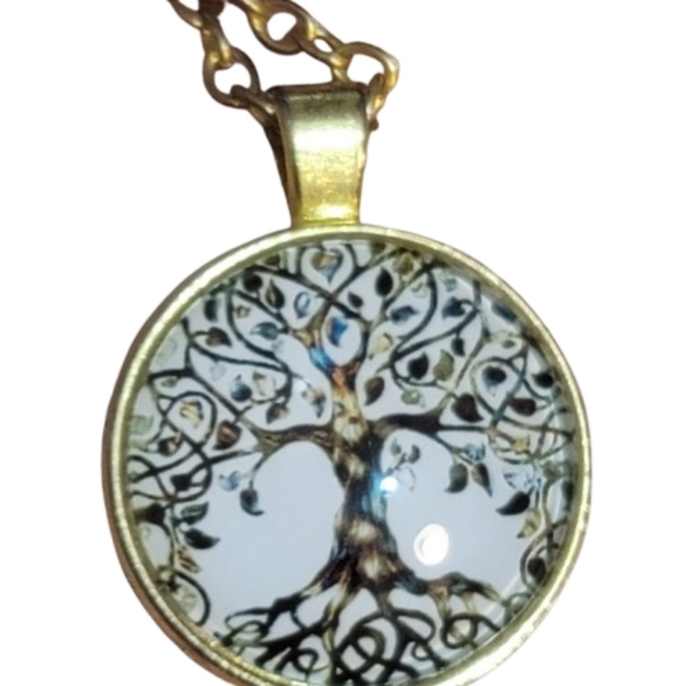 Gold Tree of Life Pendant Necklace Cabochon Statement Gift